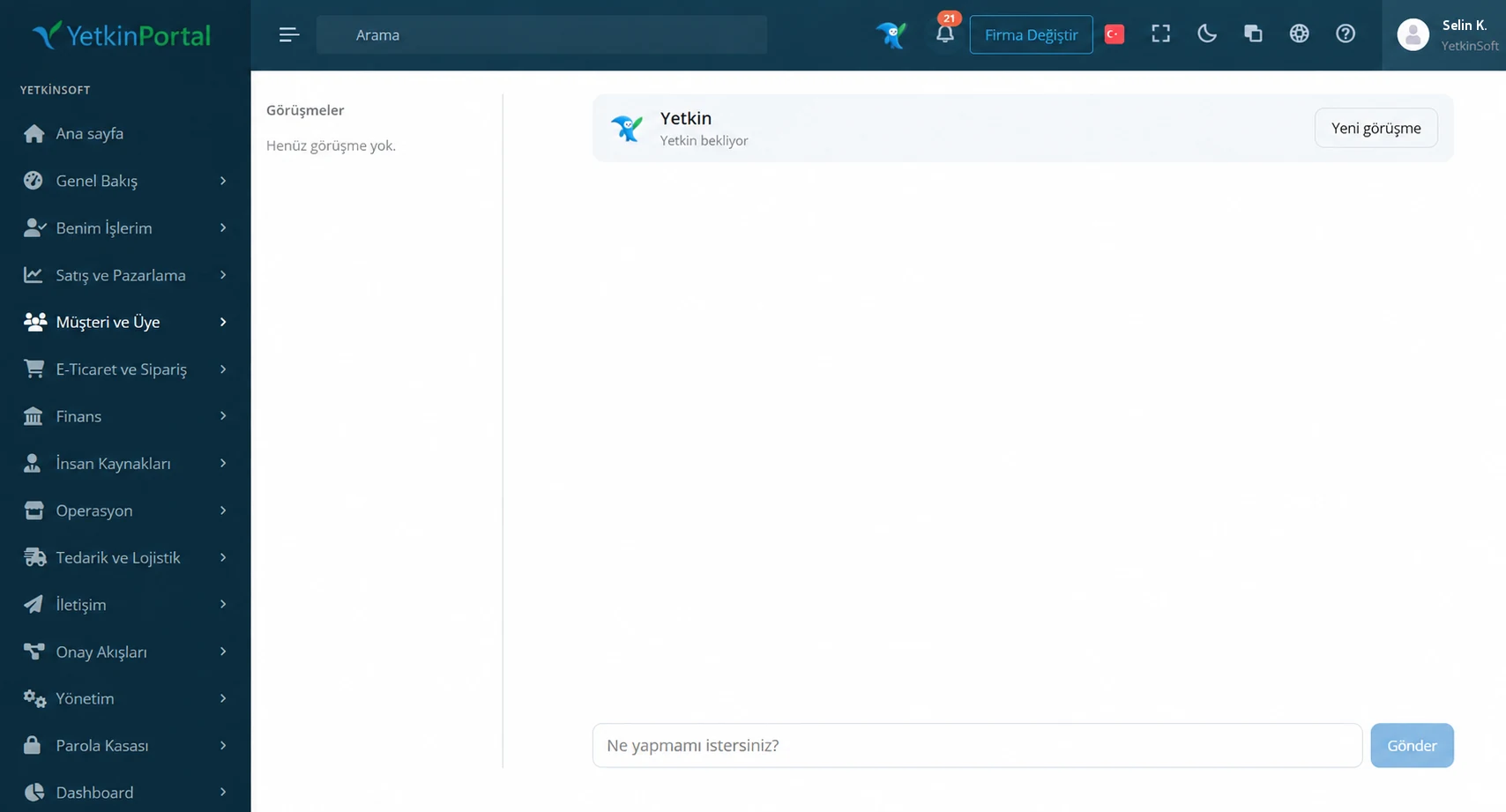 Yetkin Assistant inside Yetkin Portal, with the module menu (Turkish interface)