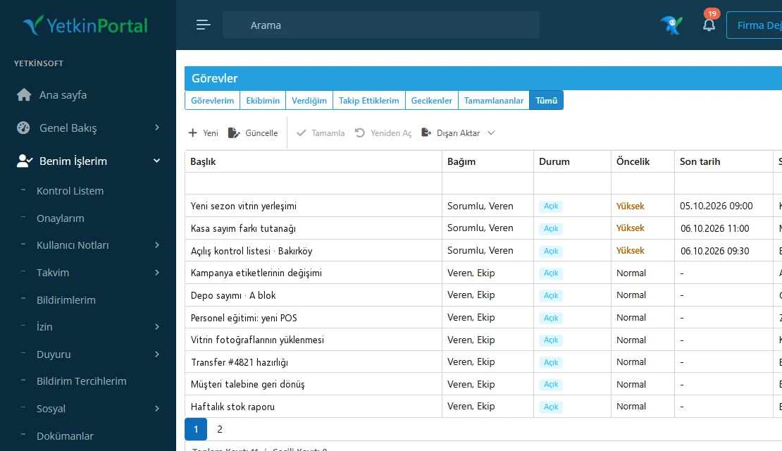 Yetkin Portal tasks screen with store tasks, priority, owner and due date (Turkish interface)