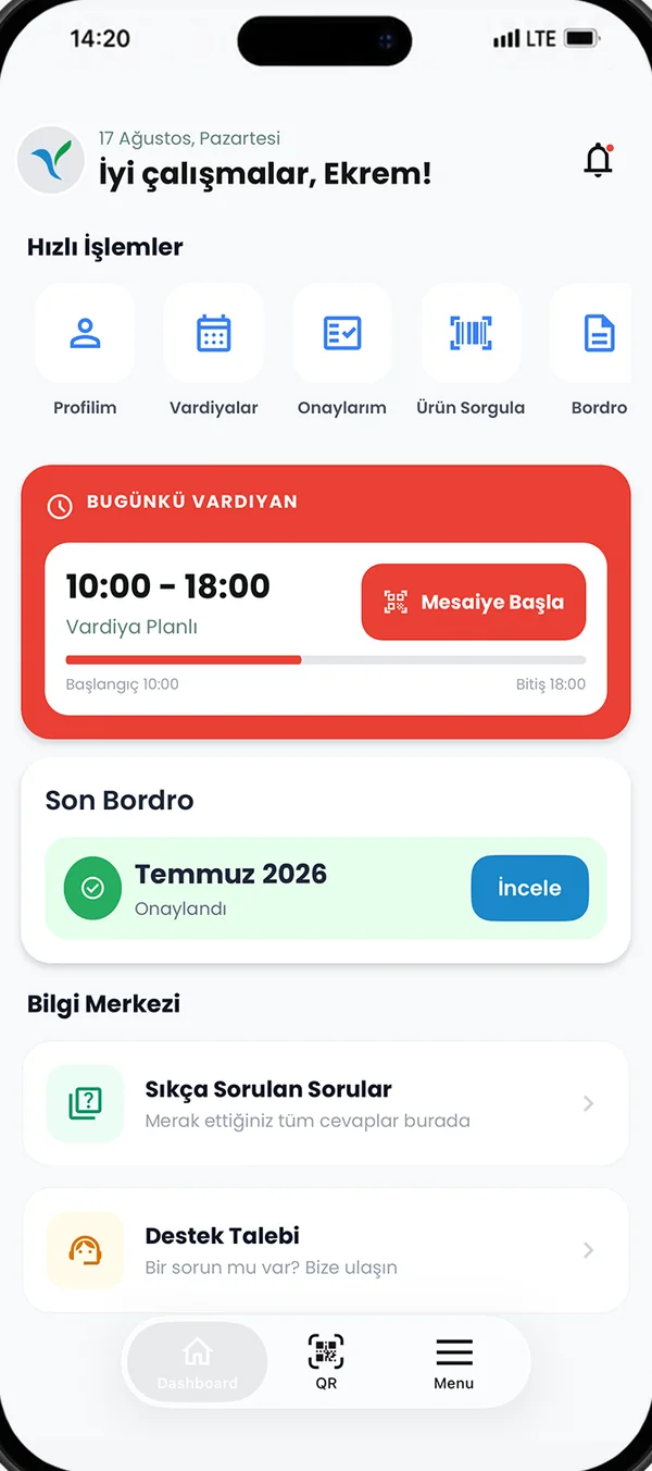 Yetkin Mobile Plus home screen: today’s shift, quick actions, latest payslip (Turkish interface)