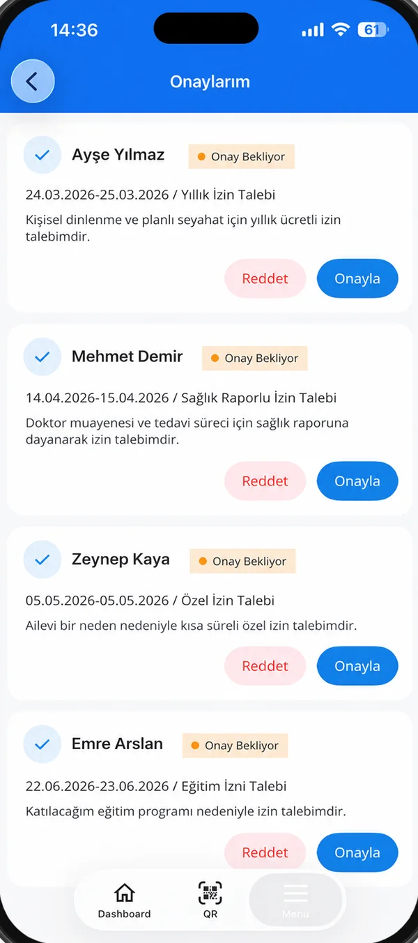 Yetkin Mobile Plus approvals screen: pending leave requests (Turkish interface)